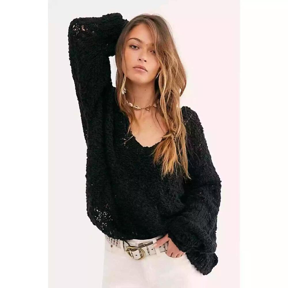 Free People Black Sweater Sunday Shore Open Weave Scoop Neck Size Medium